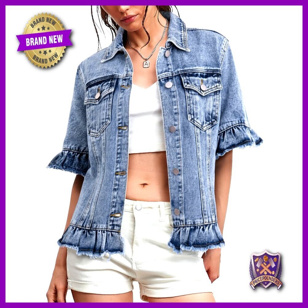 Short Sleeve Denim Jacket Lightweight Ruffle Sleeve Feminine Chic Summer Top